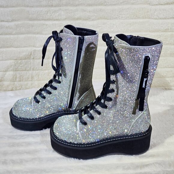 Super Sparkle Iridescent Rhinestone Platform Combat Mid Calf Boots 362 Emily - Picture 4 of 17